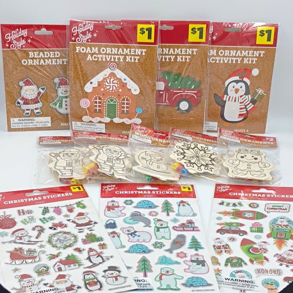 12-Pc Christmas Craft Set- 24 DIY Beaded Foam Wood Ornaments, 80 Stickers